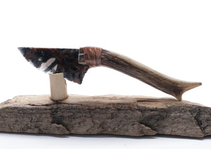 Tri Color Obsidian Stone Knife with Deer Antler Handle