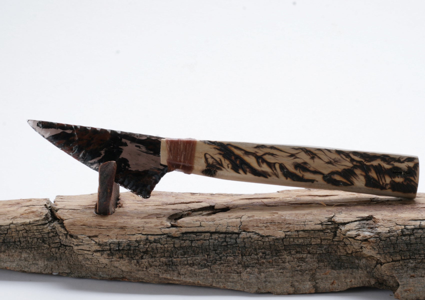 Tri color Transparent Obsidian Knife with Woodburned Drift Wood Handle
