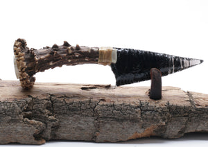 Black Hatching Obsidian Knife with Roe Deer Antler Handle