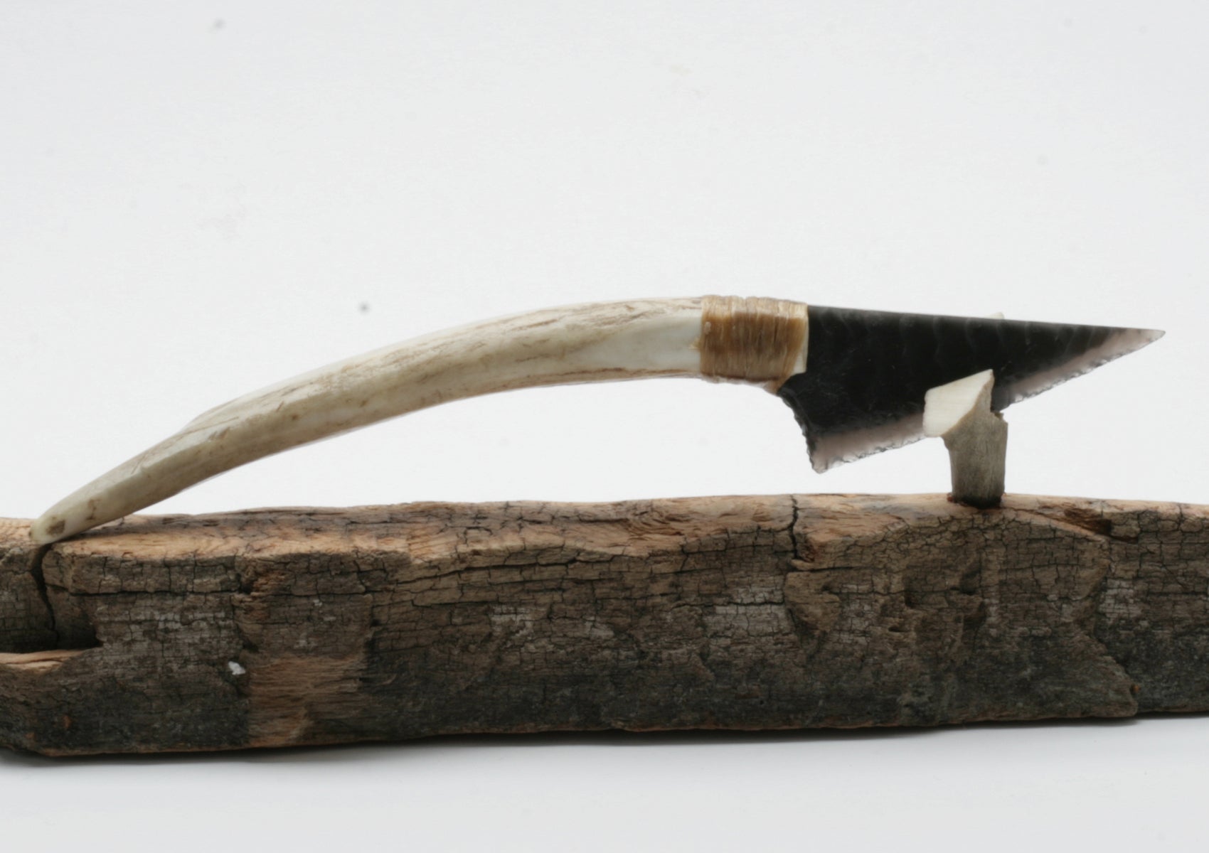 Grey Obsidian Stone Knife with Deer Antler Handle