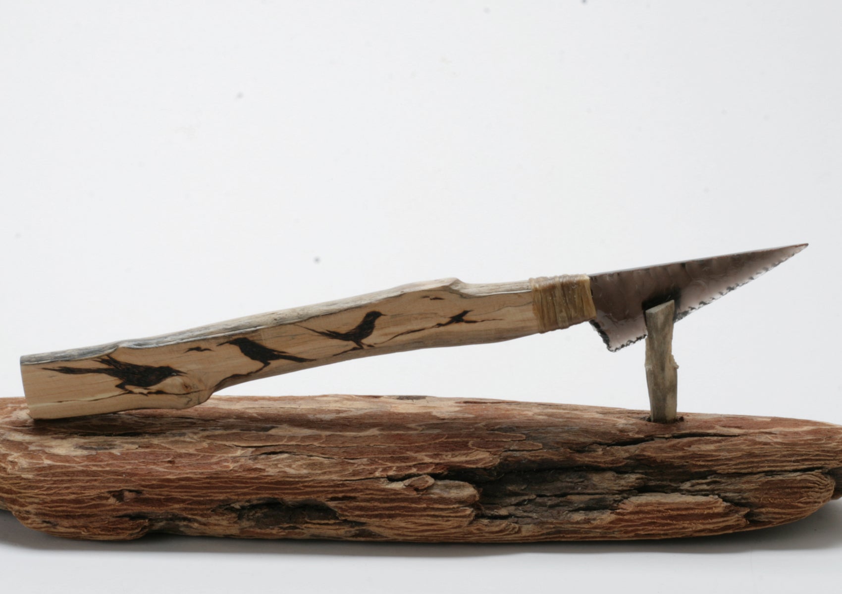 Transparent Obsidian Knife with Woodburn on Drift Wood Handle