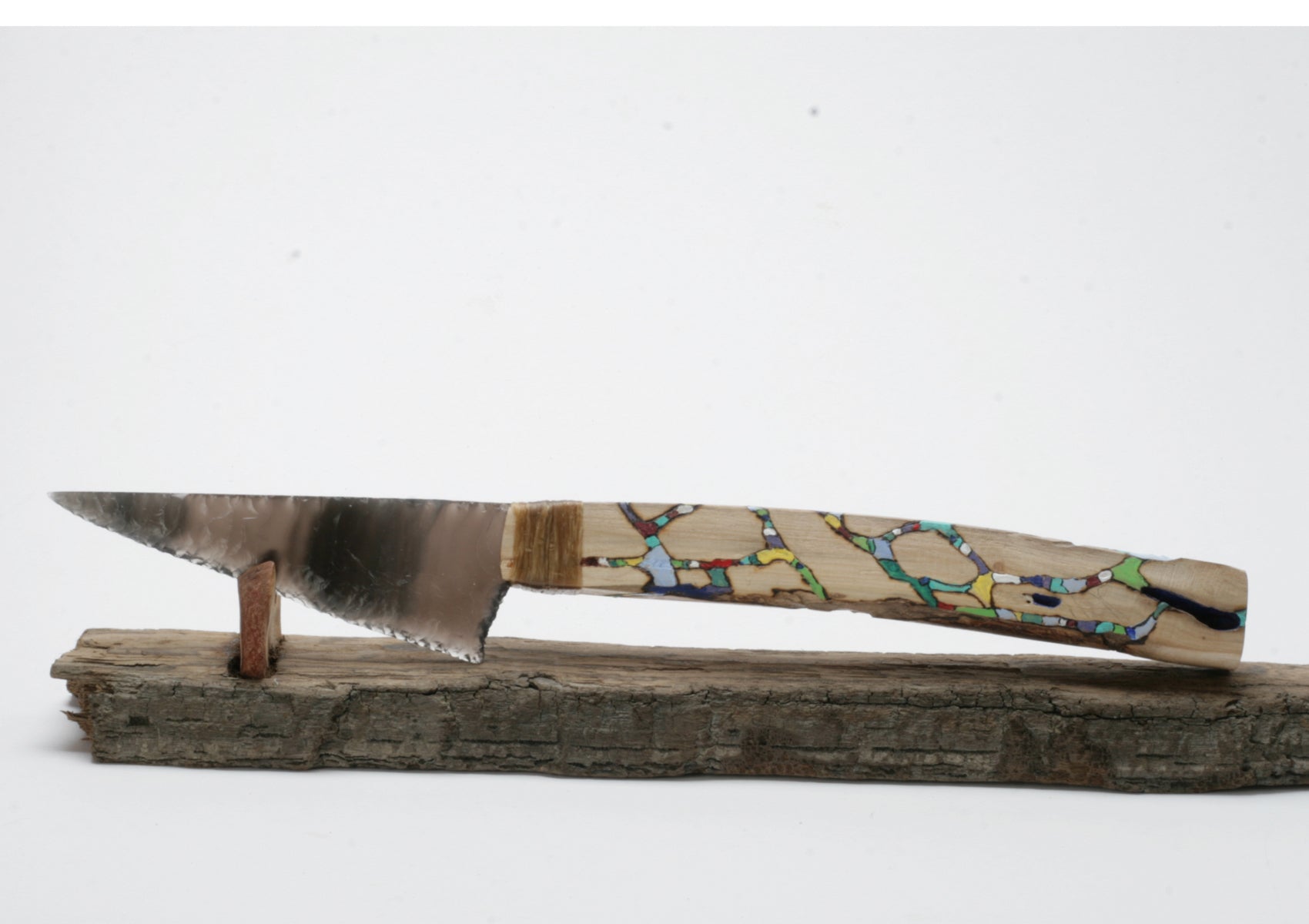 Rainbow  Obsidian Knife with Woodburned Driftwood Handle