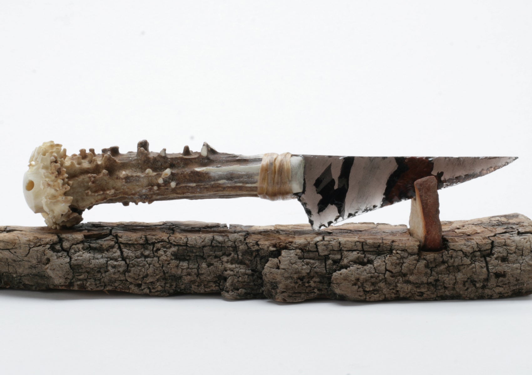 Tri Color Translucent Obsidian Knife with Roe Deer Antler Handle
