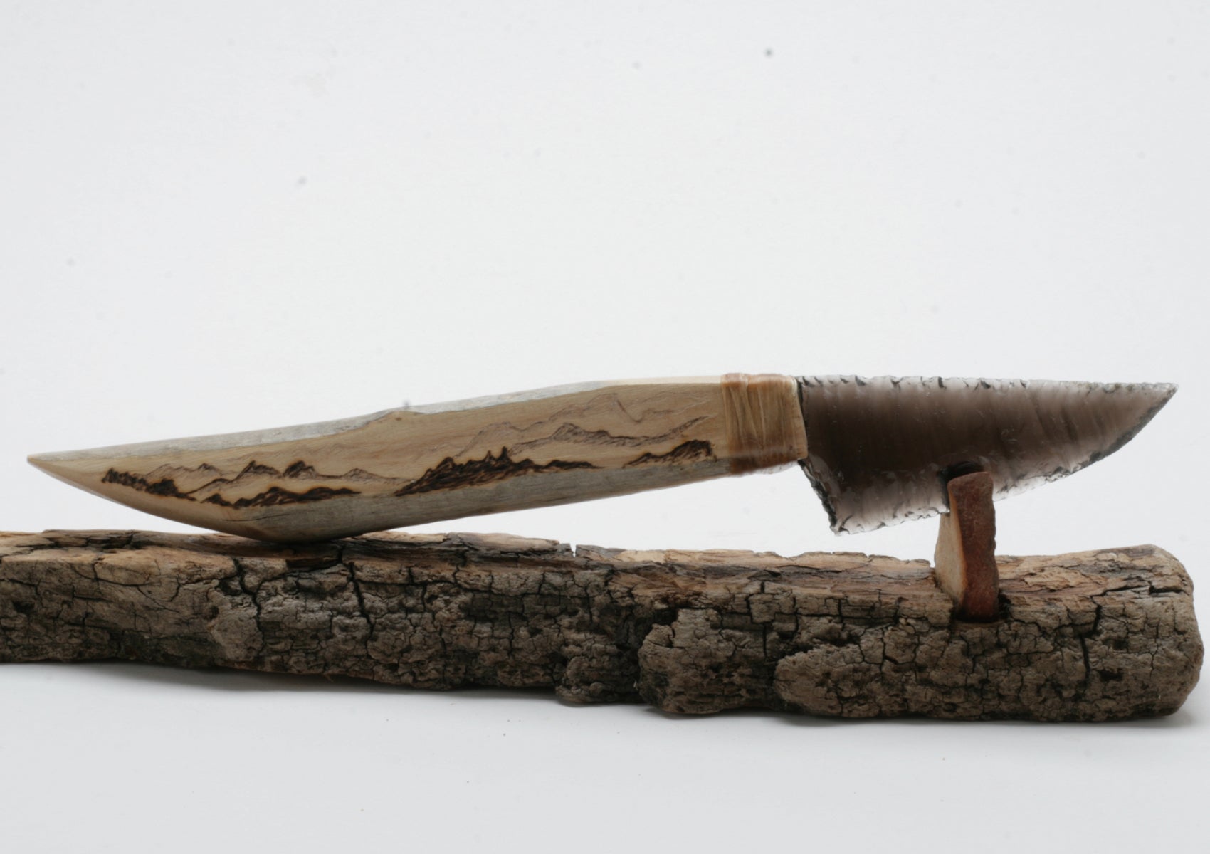 Translucent Obsidian Knife with Drift Wood  " mountain " wood burned Handle