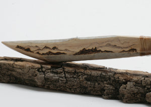 Translucent Obsidian Knife with Drift Wood  " mountain " wood burned Handle