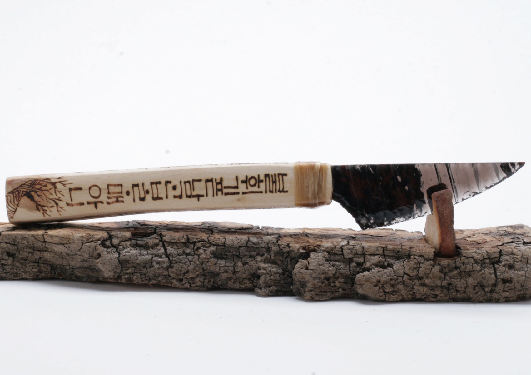 Tiger Obsidian Knife with " Hangeol " Woodburned Handle